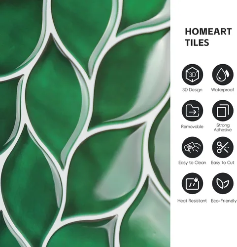Vista 6 de HOMEART Azulejos de hojas verdes para salpicaduras, autoadhesivos, hechos a mano, para pegar en el protector contra salpicaduras para cocina y baño