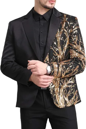 Vista 2 de Boyland - Blazer de esmoquin para hombre con lentejuelas doradas y flores, traje elegante para fiestas, cenas, graduación, chaqueta deportiva