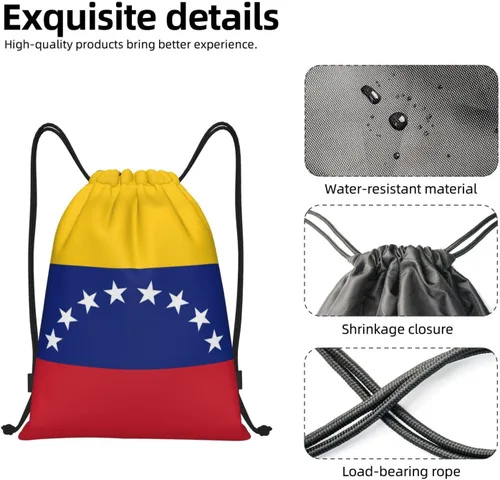 Vista 6 de Mochila Venezuela con cordón para yoga, playa, ligera, gimnasio, deportes, cuerda, bolsa venezolana, decoración al aire libre, Negro