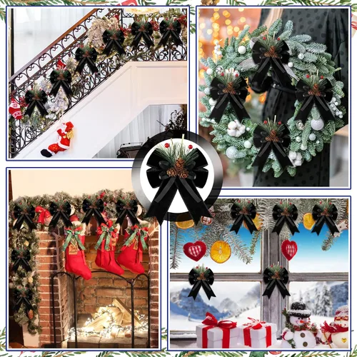 Vista 6 de Syhood - 6 lazos de Navidad a cuadros con piñas de pino, cintas de terciopelo negro, para corona de árbol de Navidad, decoración de fiestas