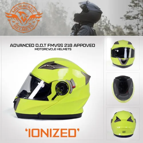 Vista 7 de Cascos Milwaukee MPH9809DOT Ionized Amarillo Neón Avanzado Casco Modular de Motocicleta para Motociclista con Visera Desmontable