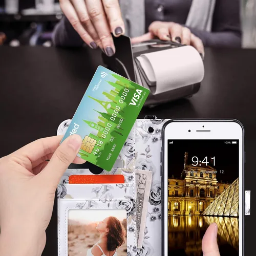 Vista 7 de ULAK - Funda tipo cartera para iPhone 8 Plus/iPhone 7 Plus, color negro Funda de piel sintética prémium con tarjetero [bloqueo RFID], función