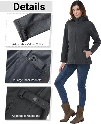 Vista 3 de Outdoor Ventures Chaqueta Softshell para mujer con capucha extraíble, cortavientos aislada, abrigo impermeable con forro polar cálido