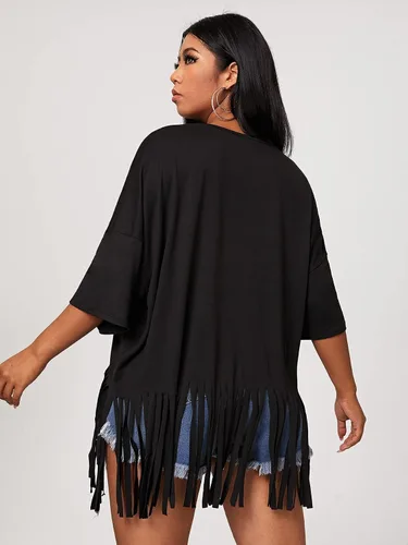 Vista 2 de SOLY HUX Camiseta casual de verano de media manga con dobladillo de flecos para mujer