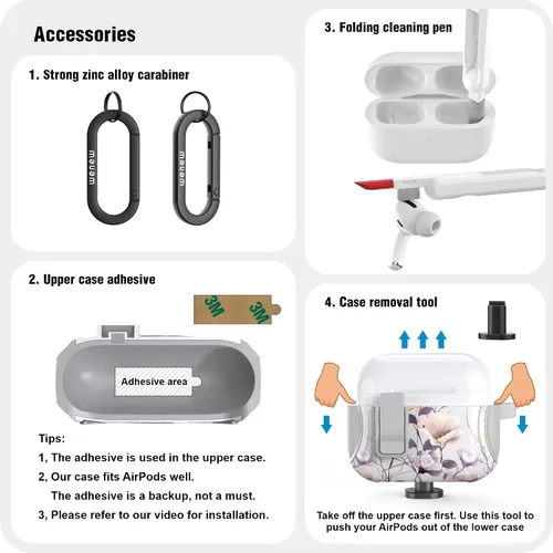 Vista 7 de wenew Funda compatible con AirPods Pro de 2ª/1ª generación con soporte para teléfono, limpiador, clip, compatible con Magsafe, funda de carga