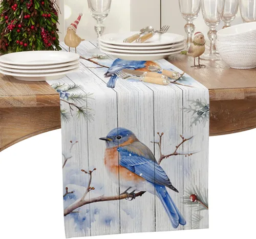 Vista 2 de Snowy Bird Table Runner-Cotton Linen-36 Inch Holiday Dresser Scarves, Christmas Farmhouse Wood Grain Berry Tablerunner for Kitchen Coffee/Dining