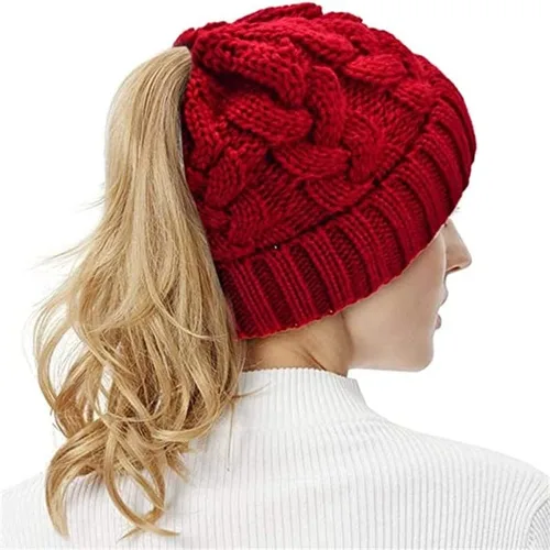 Vista 6 de Rosoz Gorro de cola de caballo para mujer, gorro cálido de invierno, suave, elástico, de punto trenzado, para moño alto