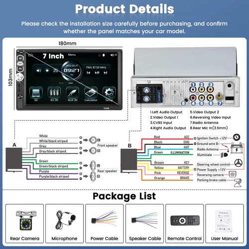Vista 7 de 7 pulgadas CarPlay Single Din pantalla táctil Radio del coche: Android Auto Car Radio 1 Din con Bluetooth 5.1 AUX USB TF SD ranura FM Radio SWC EQ