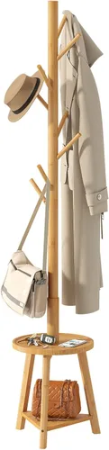 Vista 8 de BMOSU Perchero independiente con estante de madera de bambú, árbol perchero de fácil montaje, 8 ganchos, perchero de pie para chaquetas, pasillo