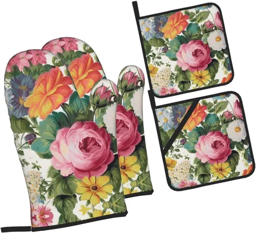 Vista 8 de Juego de guantes de horno y soportes para ollas con estampado floral de jardín, resistentes al calor, antideslizantes, guantes de cocina, 4
