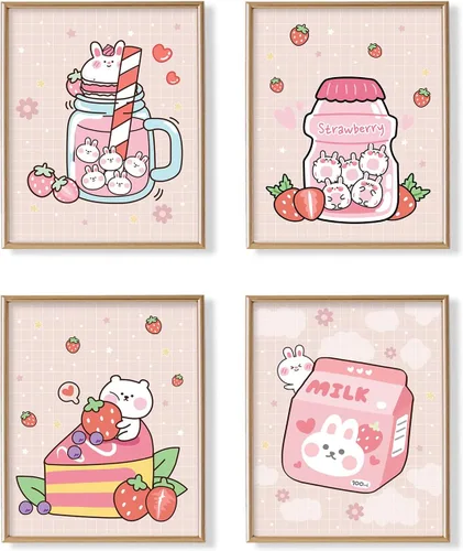 Vista 3 de Decoración de pared de anime japonés Kawaii para comedor, bonita decoración de cocina rosa, carteles estéticos de conejo y fresa, impresiones