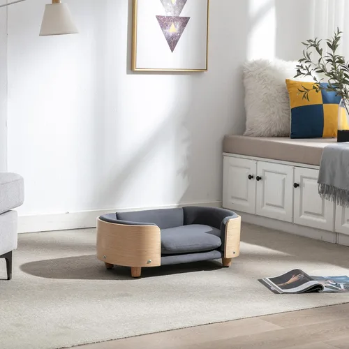 Vista 7 de Cama elevada para perros de estilo escandinavo con marco de madera maciza, sofá ortopédico para mascotas con funda extraíble lavable, muebles