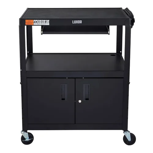 Vista 2 de LUXOR AVJ42XLKBC Carrito de acero extragrande con altura ajustable, bandeja para teclado extraíble, gabinete de almacenamiento, altura de 24 a 42