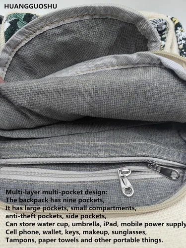Vista 31 de HUANGGUOSHU Mochila de algodón tejida de algodón bohemio con bordado de lona estilo bohemio con múltiples bolsillos retro linda mochila cartera