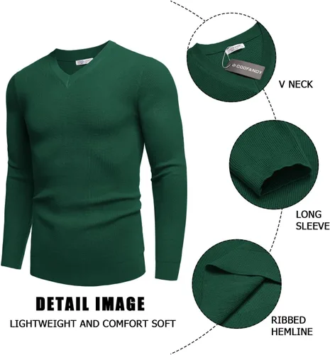 Vista 5 de COOFANDY Suéter de punto con cuello en V para hombre, manga larga, casual, ajustado, suéter sin botones