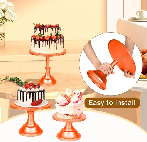Vista 4 de Juego de 6 soportes para tartas, soportes de metal naranja para fiestas, mesa de postres, soporte redondo de 3 tamaños para tartas con soportes