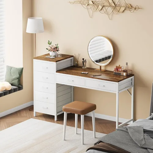 Vista 7 de Escritorio para computadora de 55 pulgadas con cajón reversible, marrón claro y blanco