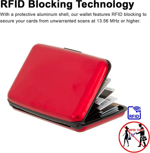 Vista 15 de Soporte para tarjetas de crédito, cartera metálica con bloqueo RFID para tarjetas de identificación para mujeres y hombres, funda rígida de aluminio