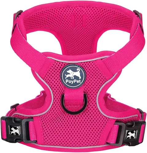 Vista 15 de PoyPet - Arnés para perro reflectante de malla suave y transpirable, chaleco doble acolchado sin estrangulamiento, ajustable (negro, XS)