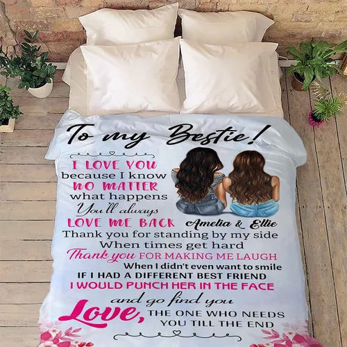 Vista 3 de Manta con nombre personalizado con texto en inglés "I Love You My Bestie" para mejor amiga, hermana del alma, día de la amistad, Navidad, Acción