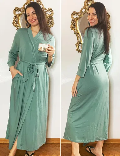 Vista 4 de MAXMODA Bata de baño para mujer, suave kimono de punto para spa, bata de baño larga, ligera, con cinturón adjunto