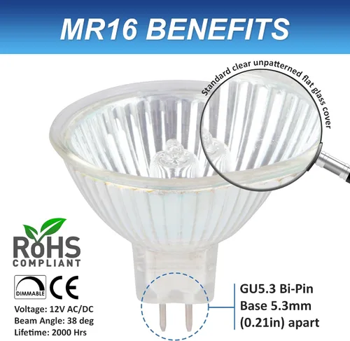 Vista 9 de Simba Lighting focos de luz LED MR16 halógenos de 20/35/50 W y 12 V, con base GU5 de 3 pines. Paquete de 10 unidades.