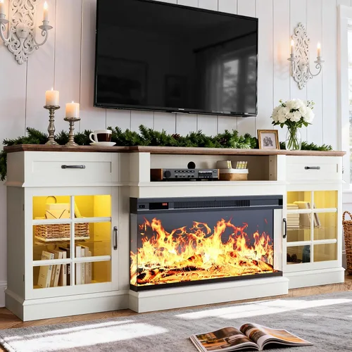 Vista 11 de MXV Soporte de TV con chimenea de 70 pulgadas, chimenea de vidrio de 3 lados y centro de entretenimiento moderno, consola multimedia de madera