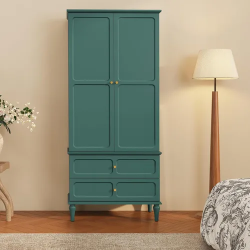 Vista 9 de HLR Armario moderno de mediados de siglo de 71 pulgadas con puertas y cajones, armario de almacenamiento de madera con barra para colgar para Negro