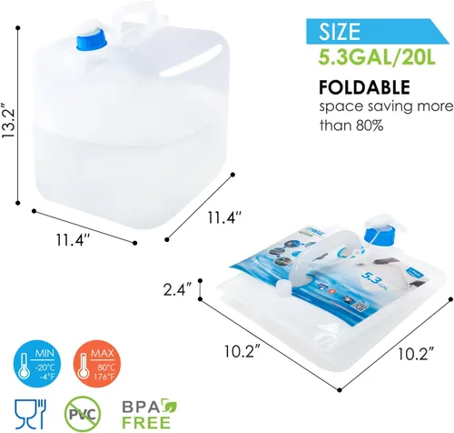 Vista 2 de Contenedor de agua plegable con espita y ventilación, jarra de almacenamiento de agua de 5.3 galones sin BPA, transportador de agua portátil