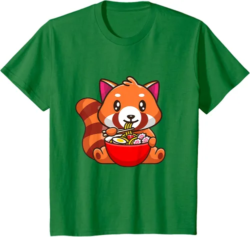 Vista 28 de Camiseta Kawaii Anime Red Panda Eating Ramen Noodles, Negro, S