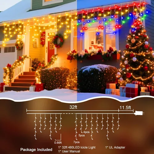 Vista 2 de Luz de hielo de 49 pies para exterior, 480 luces LED de Navidad para exteriores, iluminación de hielo de Navidad con 11 modos y temporizador