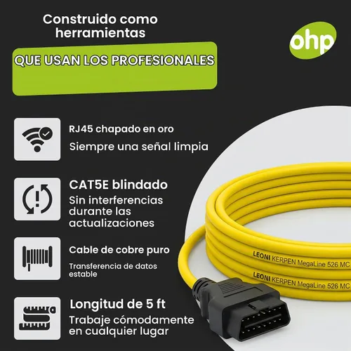 Vista 5 de OHP ENET Bimmercode OBD2 Cable para codificación BMW Serie F E SYS ISTA+ ICOM Bootmod3 Bimmerlink OBD Cable resistente