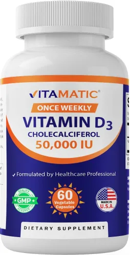 Vista 10 de Vitamatic 3 Pack Vitamina D3 50,000 UI (como colecalciferol), Dosis Semanal Única, 1250 mcg, 60 cápsulas vegetarianas Suministro para 1 año, Fórmula