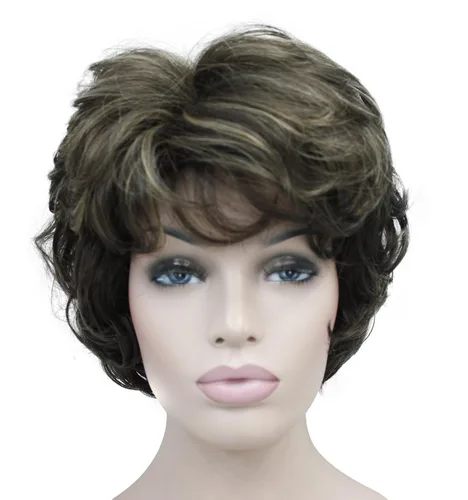 Vista 15 de Lydell Pelucas cortas y onduladas de 6 pulgadas, cabello sintético completo, estilo clásico (12TT26 marrón claro con reflejos)
