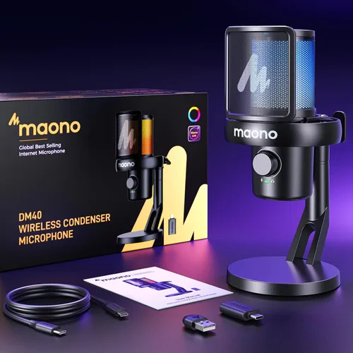Vista 9 de MAONO Micrófono inalámbrico para PC, micrófono condensador de transmisión de juegos con cambio de voz AI de software, cancelación de ruido de 3