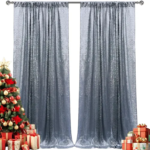 Vista 43 de 2 paneles de cortinas de fondo de lentejuelas verdes de 8 pies, cortinas de fondo de fotografía con purpurina para decoración de Navidad, boda