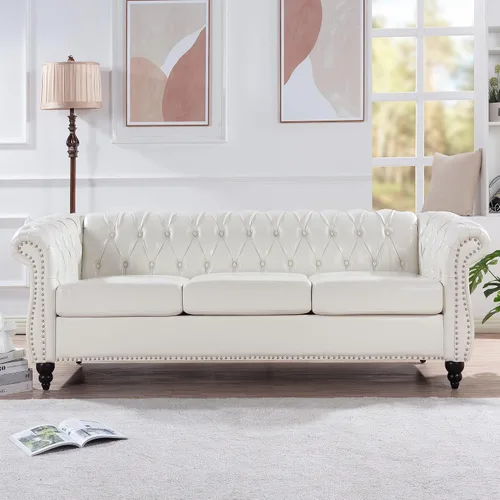 Vista 10 de Muebles de sofá Chesterfield de tela de 85 pulgadas, sofá tapizado con respaldo copetudo, brazo enrollable, sofá Chesterfield clásico para sala