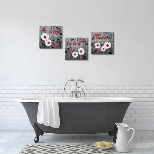 Vista 2 de SkenoArt Arte de pared de flores para dormitorio, lienzo de mariposa gris y roja, citas florales de margaritas, imágenes inspiradoras, decoración