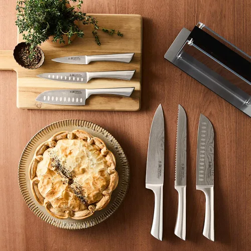 Vista 6 de Cuisine: pro Damashiro - Bloque de cuchillos (Kumi, juego de 7 cuchillos de chef) – Cuchillo de acero japonés – Bloque magnético para cuchillos