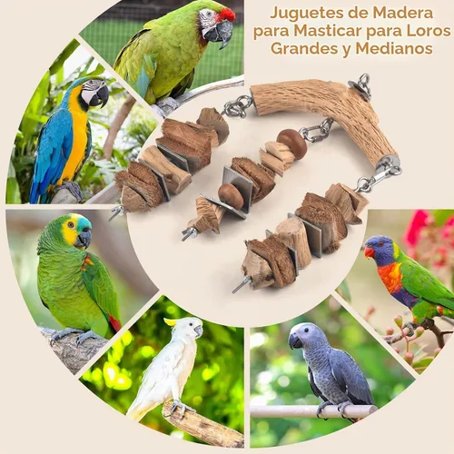 Vista 6 de DBNESS - Juguetes de loros para pájaros, colgantes medianos y grandes, bloques de madera para masticar con jaula de masticar natural de acero