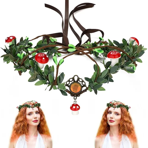 Vista 8 de MOSTORY Corona de hongo de elfo verde – Corona de bosque de hadas, flor de bosque, tocado floral para mujeres, renacimiento, carnaval, cosplay