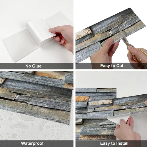 Vista 5 de TUOKING 3 Piezas Azulejos Despegar y Pegar para Salpicadero de Cocina 4"x 12" PVC Autoadhesivos Subway Mate Imitación Piedra Panel de Pared Ladrillo