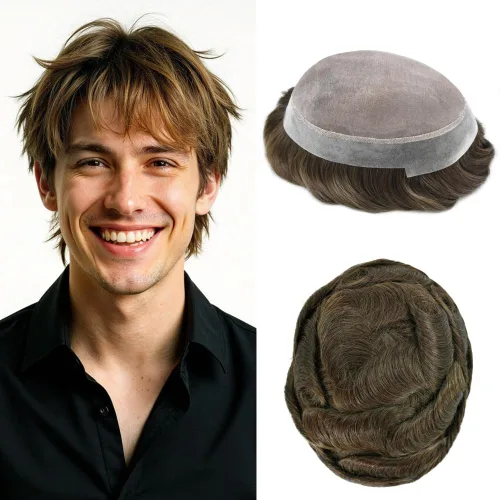Vista 59 de Toupee para hombres Piezas de pelo fino mono para hombre Toupee sistema de reemplazo de pelo para hombres línea capilar natural para hombre postizo
