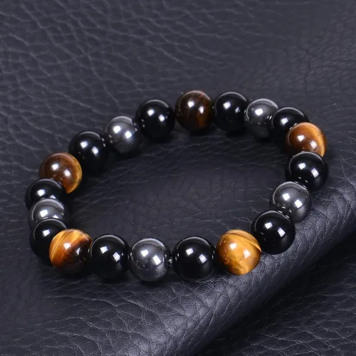 Vista 26 de DHQH Triple Protection Bracelet 8/10MM Hematite Black Agate Tigers Eye Stone Bracelet Crystal Jewelry Healing Bead Bracelets for Men Bring Luck