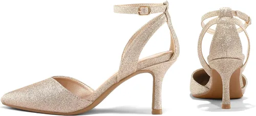 Vista 2 de mysoft Zapatos de tacón bajo puntiagudo para mujer, tacón de aguja con correa en el tobillo, puntera cerrada, sandalias de vestir para bodas