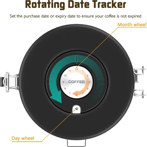 Vista 2 de Recipiente de café para café molido con Scoop Date Tracker, válvula de CO2 unidireccional, acero inoxidable 304, recipiente hermético