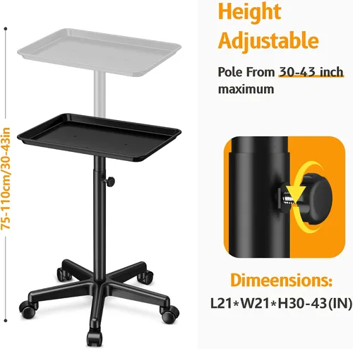 Vista 2 de Bandeja de salón con ruedas - Bandeja de tatuaje de aluminio premium con ruedas - Bandeja rodante ajustable para servicio de salón, carrito