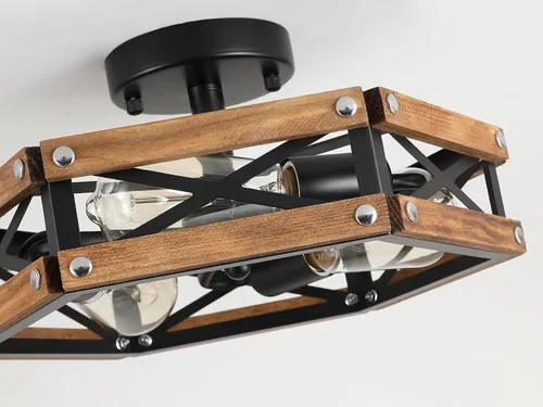 Vista 5 de Lámpara de techo de madera rústica de 3 luces, de madera de roble y jaula de metal, lámpara de techo semiempotrada para pasillo, pasillo, entrada