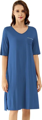 Vista 17 de WiWi - Camisón de viscosa de bambú para mujer, manga corta, con cuello en V, ropa de dormir, tallas grandes, S-4X, A-aqua