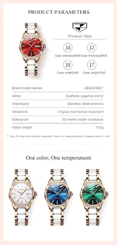 Vista 6 de Reloj automático de cerámica de acero inoxidable para mujer reloj mecánico de 984ft impermeable oro rosa elegante para mujer esfera de concha
